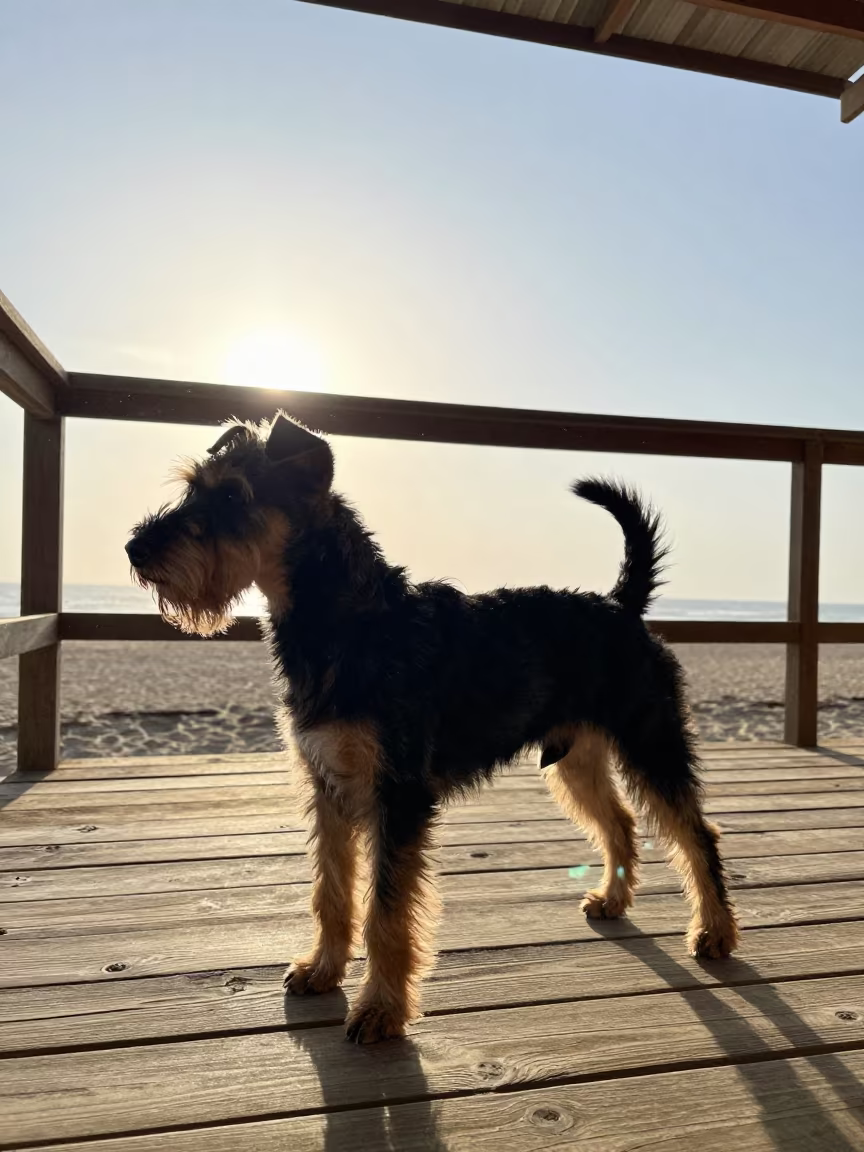 Musoma Mancherster Terrier Portrait Silhouette in on a shaded front porch with boards, railings, and eye-level framing in Musoma