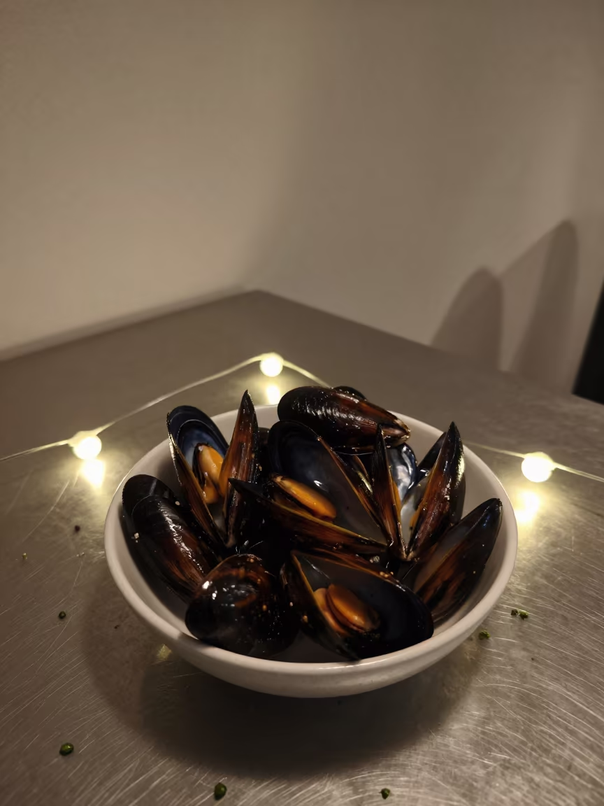 Mussels Bowl on Steel Table Window Light in on a picnic blanket in Kandy