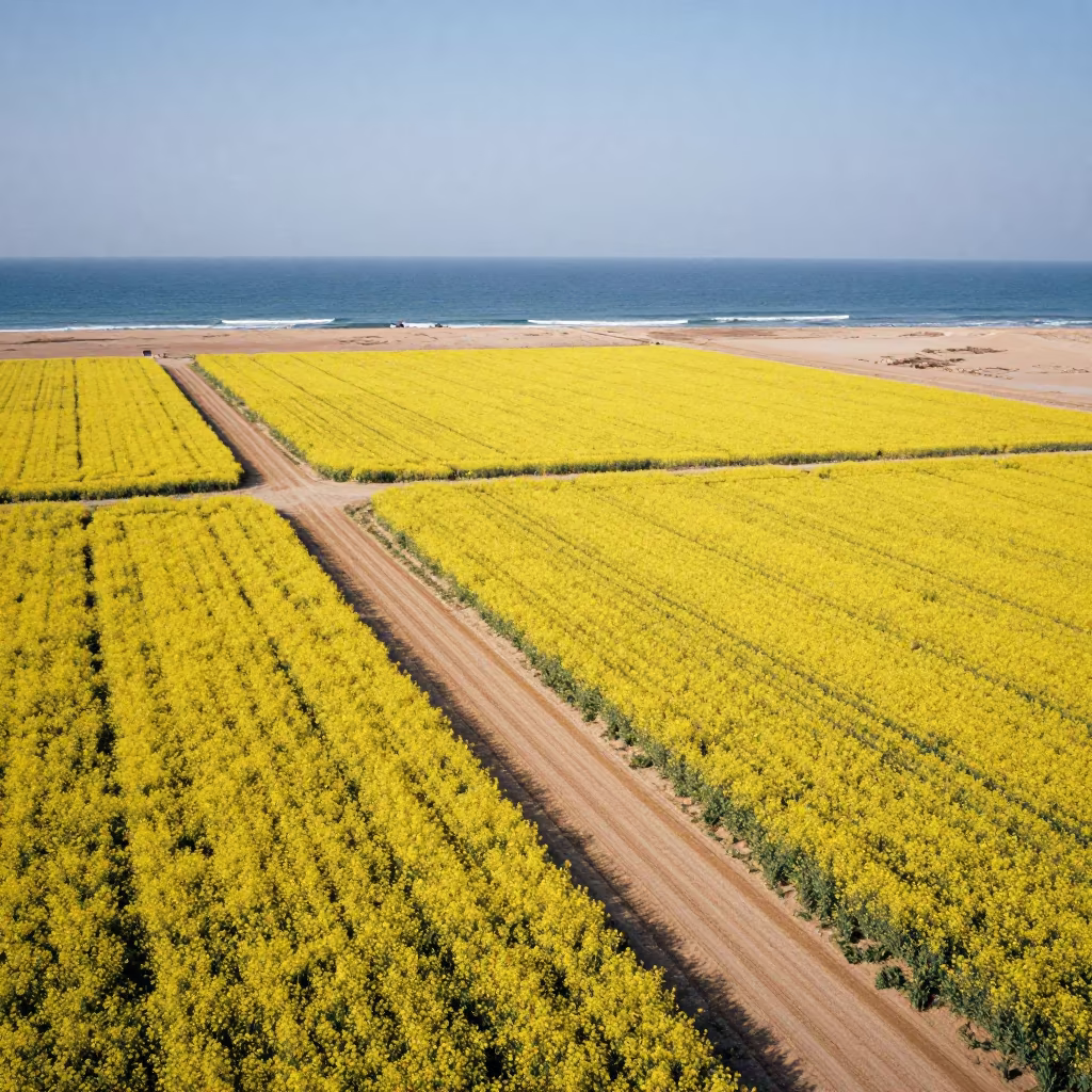 Mustard Fields and Tracks Near Jeddah Coast in far above surf-scalloped coastline near Jeddah
