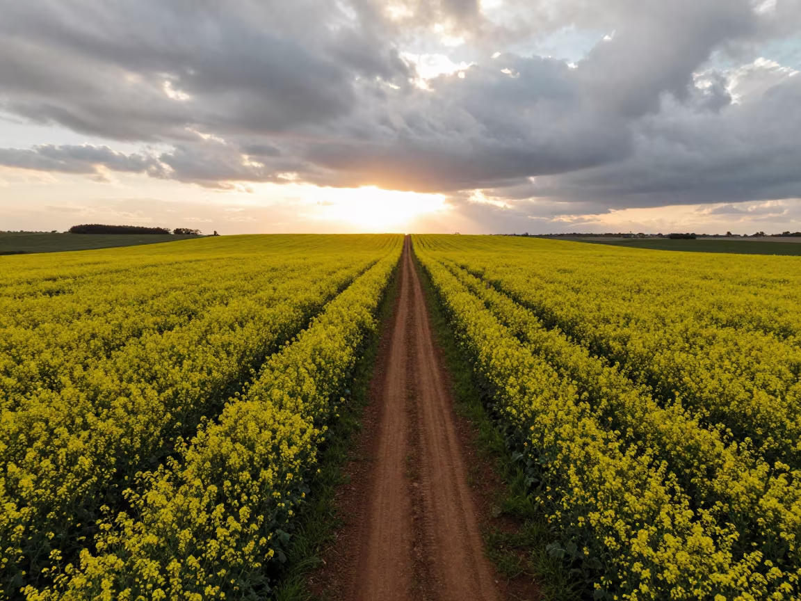 Mustard Fields and Tracks in Rio Grande do Sul Aerial View in far above terraced hillsides in Rio Grande do Sul