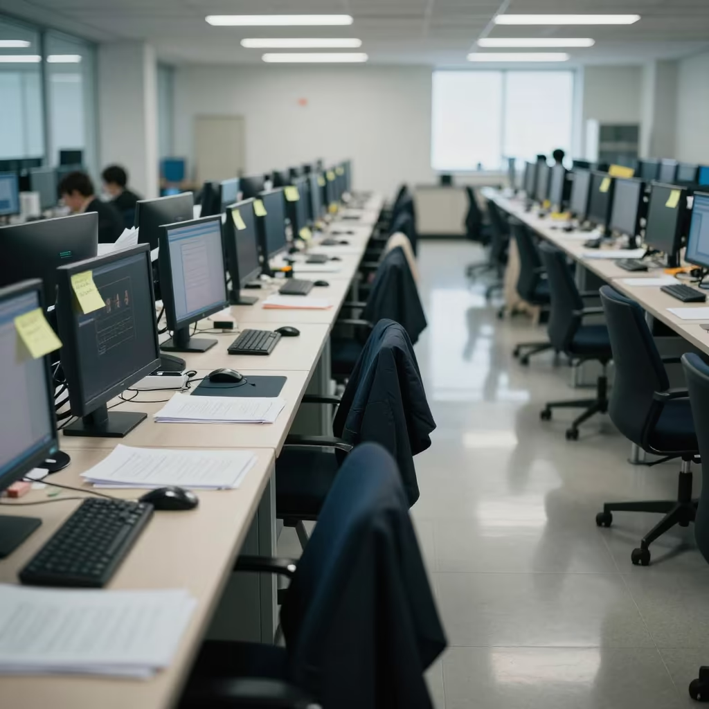 Muted Monitors and Sticky Notes in Bumba Office in in an operations center under monitor glow in Bumba