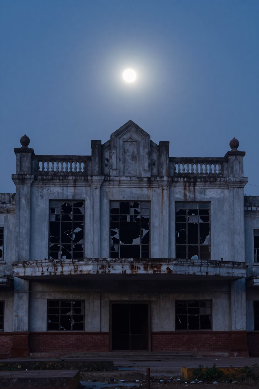 Myanmar Cinema Ruin in Indigo Twilight Mist in in Myanmar