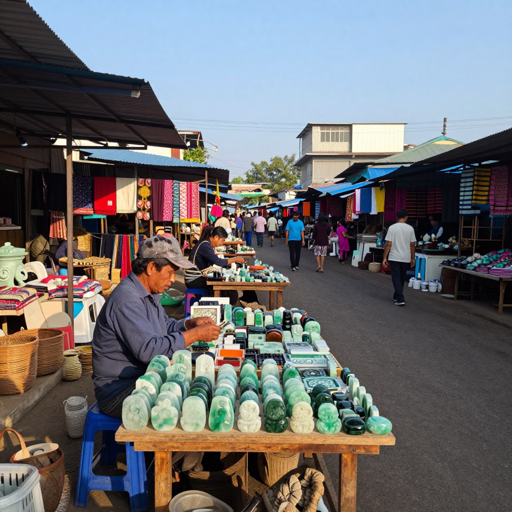 Myanmar Jade Vendor Display in Yangon Market Lane in in a flea market lane in Yangon
