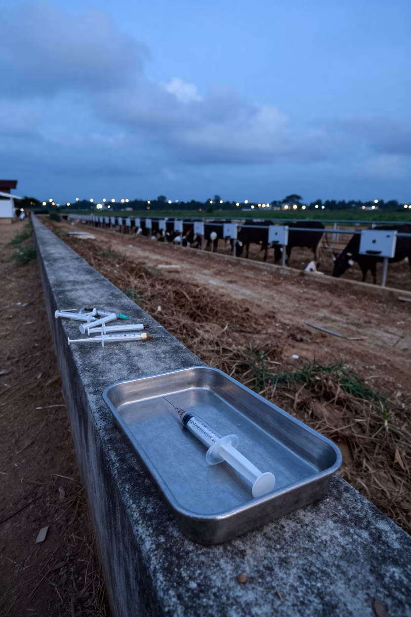 Myanmar Livestock Syringe Tray at Dusk in along a feedlot lane in Myanmar