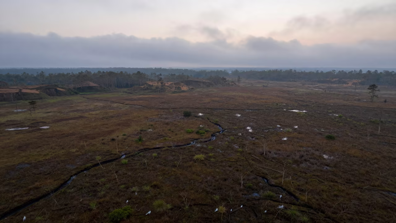 Myanmar Peat Bog Valley Morning Mist in across a wide valley floor in Myanmar