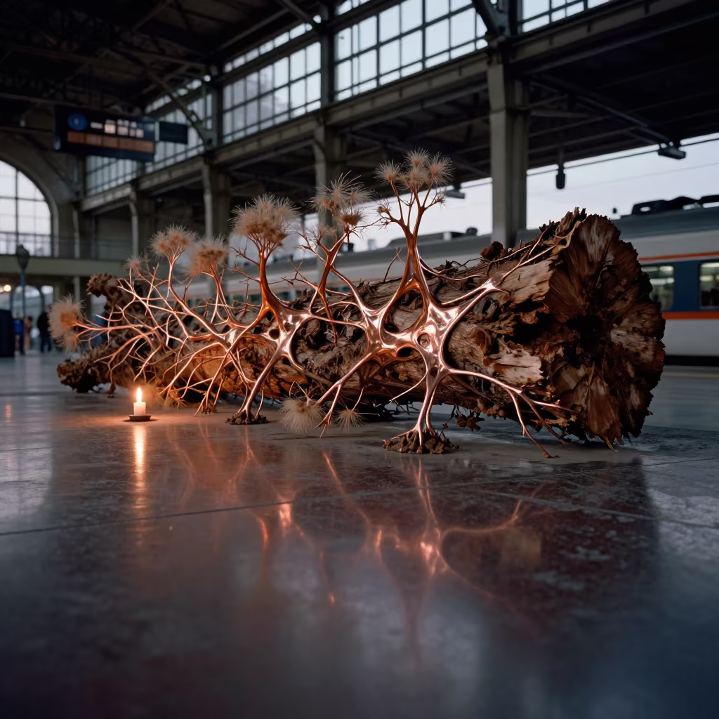 Mycelium Fractal Network Under Rotting Log in Terminal in inside a restored train terminal near Cabimas