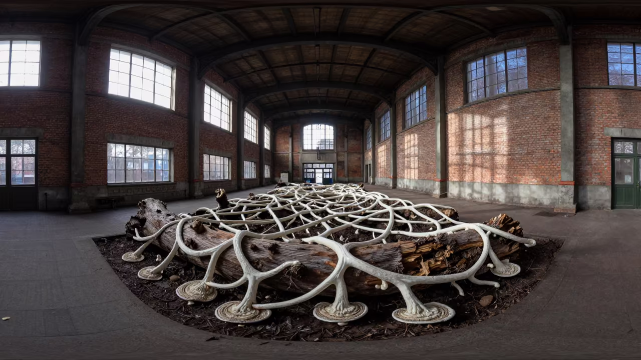 Mycelium Network Under Rotting Log in Train Terminal in inside a restored train terminal in Toledo