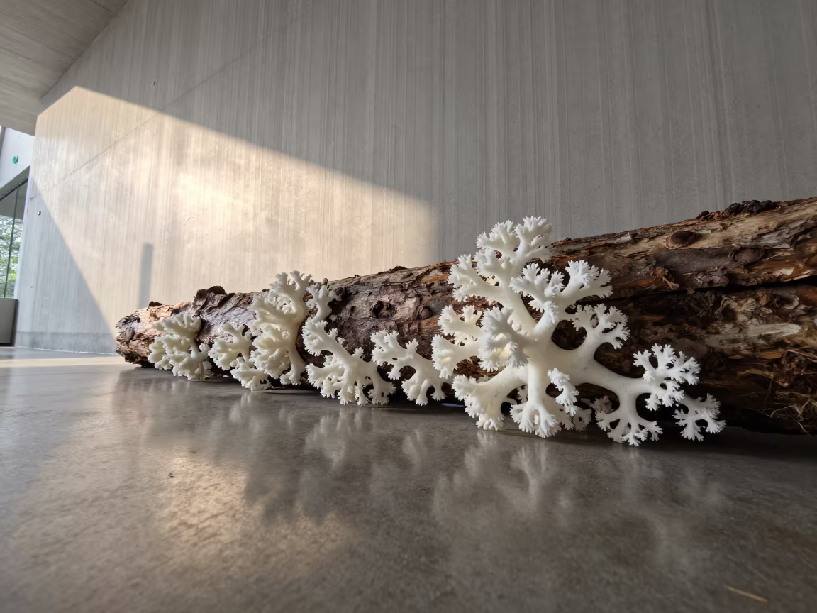 Mycelium Network Under Log in Suzhou Lobby in inside a ribbed concrete lobby near Suzhou