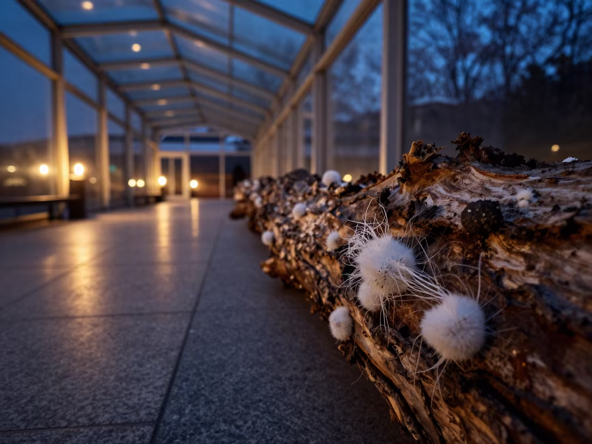 Mycelium Threads Under Log in Midnight Arcade in inside a glass-roofed arcade near Incheon