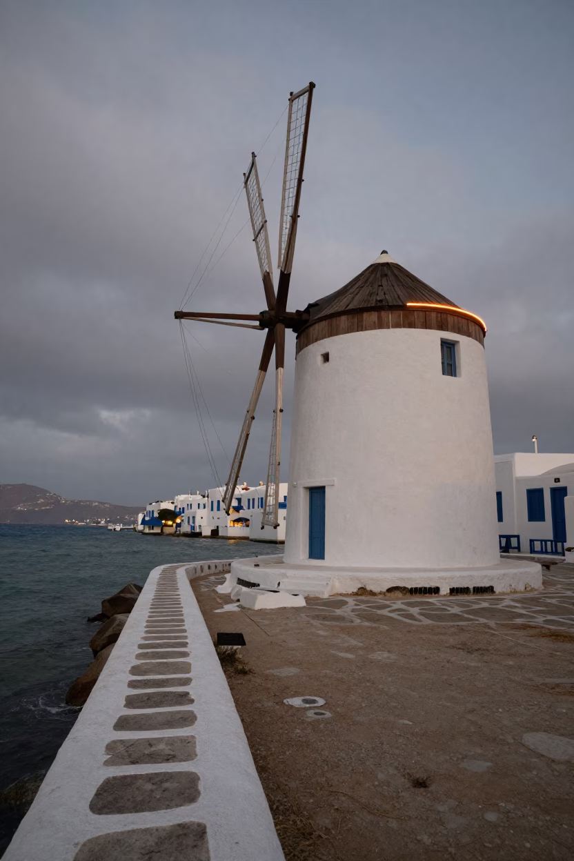 Mykonos Windmill in Shadow with City Lights in beside a canal-front facade in Greece
