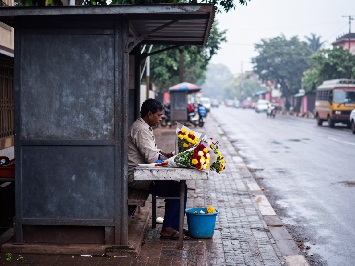 Mysore Florist Wrapping Bouquets at Rainy Bus Stop in by a rain-darkened kiosk in Mysore