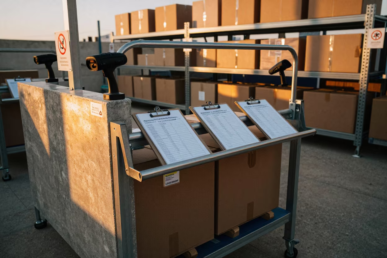 Nablus Packing Station Clipboard Rail in Evening Light in at a fulfillment packing station in Nablus