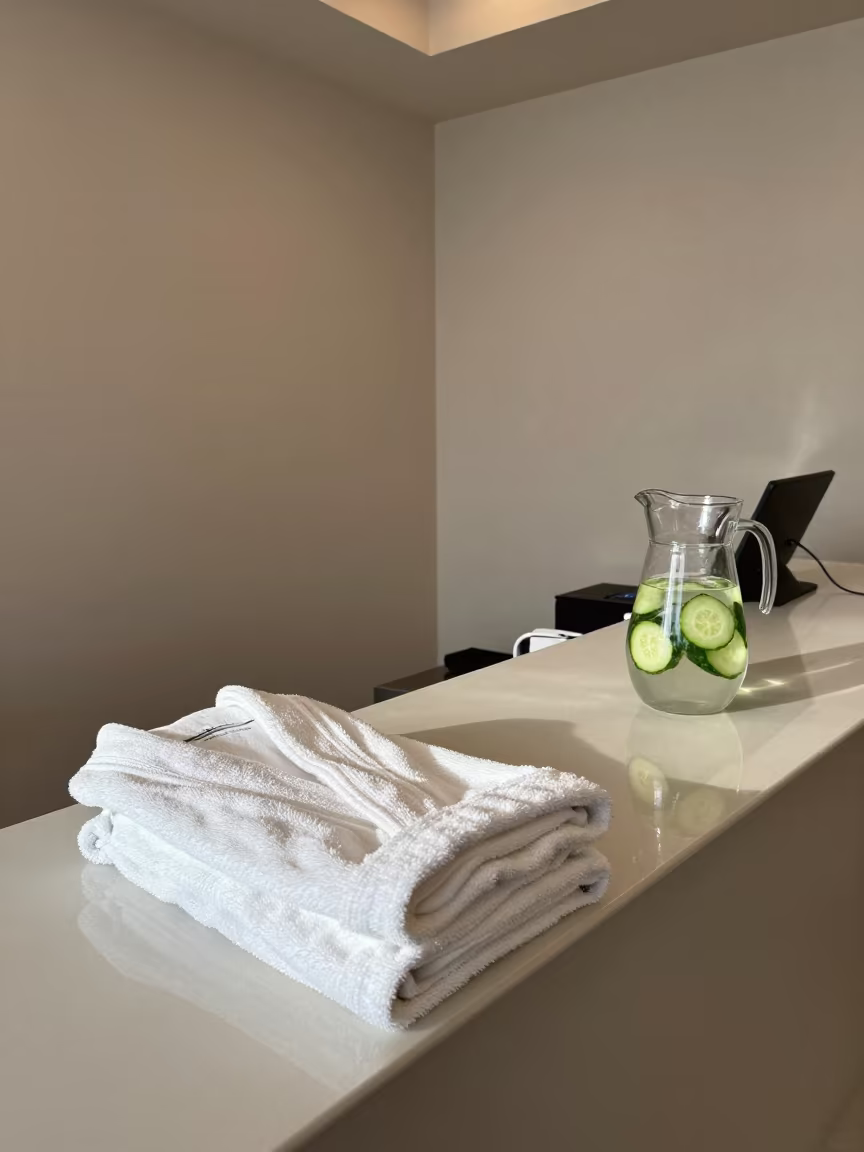 Nablus Spa Counter With Robes And Cucumber Water in in a quiet guest corridor in Nablus