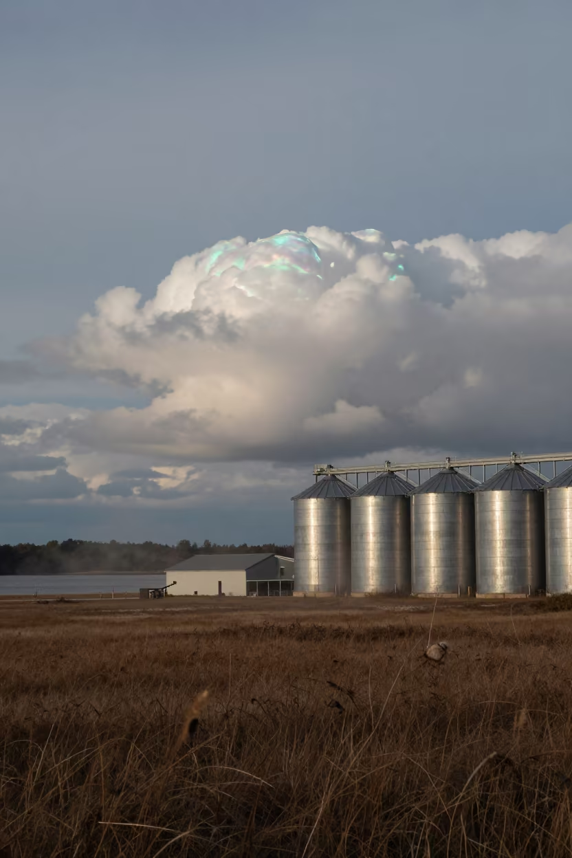 Nacreous Cloud Over Connecticut Silos in across a storm-bright plain in Connecticut