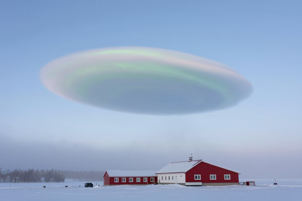Nacreous Cloud Shimmering Over Polar Station in through low marine fog near Fairbanks