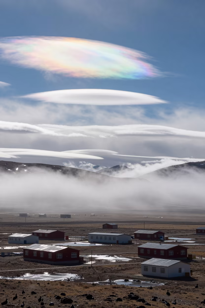 Nacreous Clouds Over Polar Station in Tibet in beneath fast-moving cloud bands in Tibet