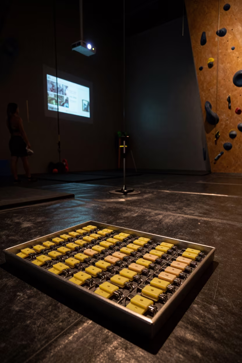 Nadi Climbing Gym Keyband Sorter Night Glow in inside a climbing gym warmup zone in Nadi