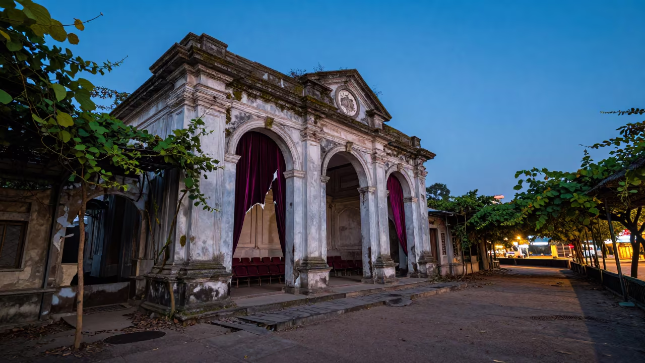 Nagaland Theater Ruin with Velvet Stalls at Twilight in along a vine-choked corridor in Nagaland