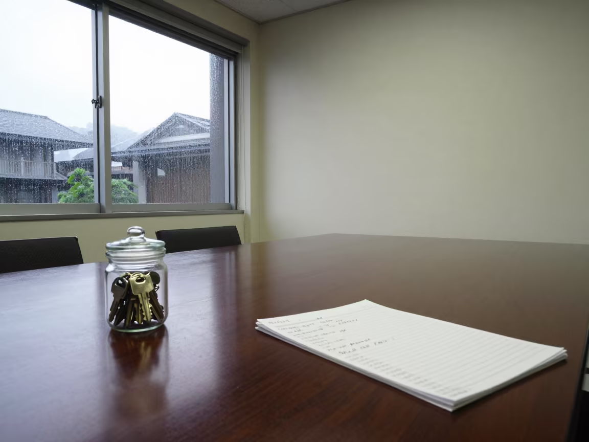 Nagasaki Boardroom Key Log Monsoon Afternoon in at a boardroom table before a meeting in Nagasaki