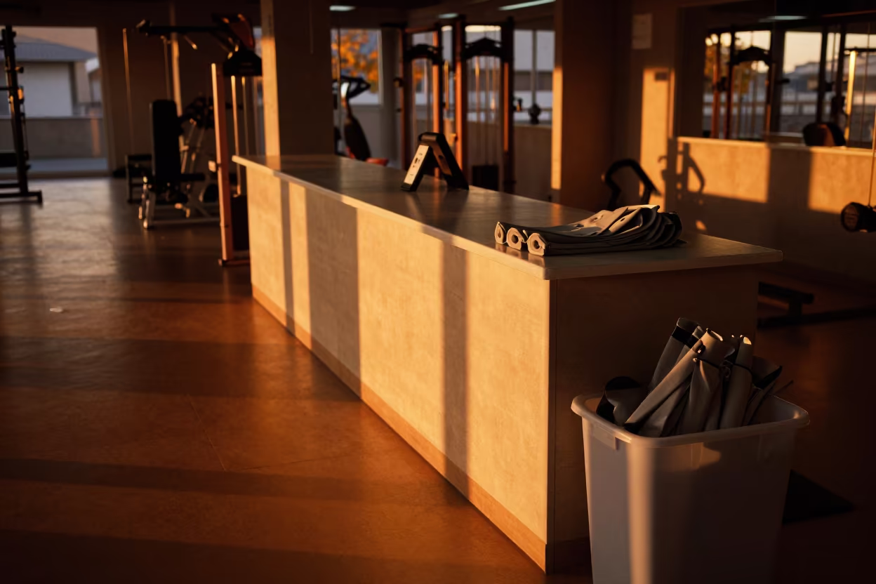 Nagasaki Gym Compression Sleeve Bin Window Light in at a gym check-in desk in Nagasaki