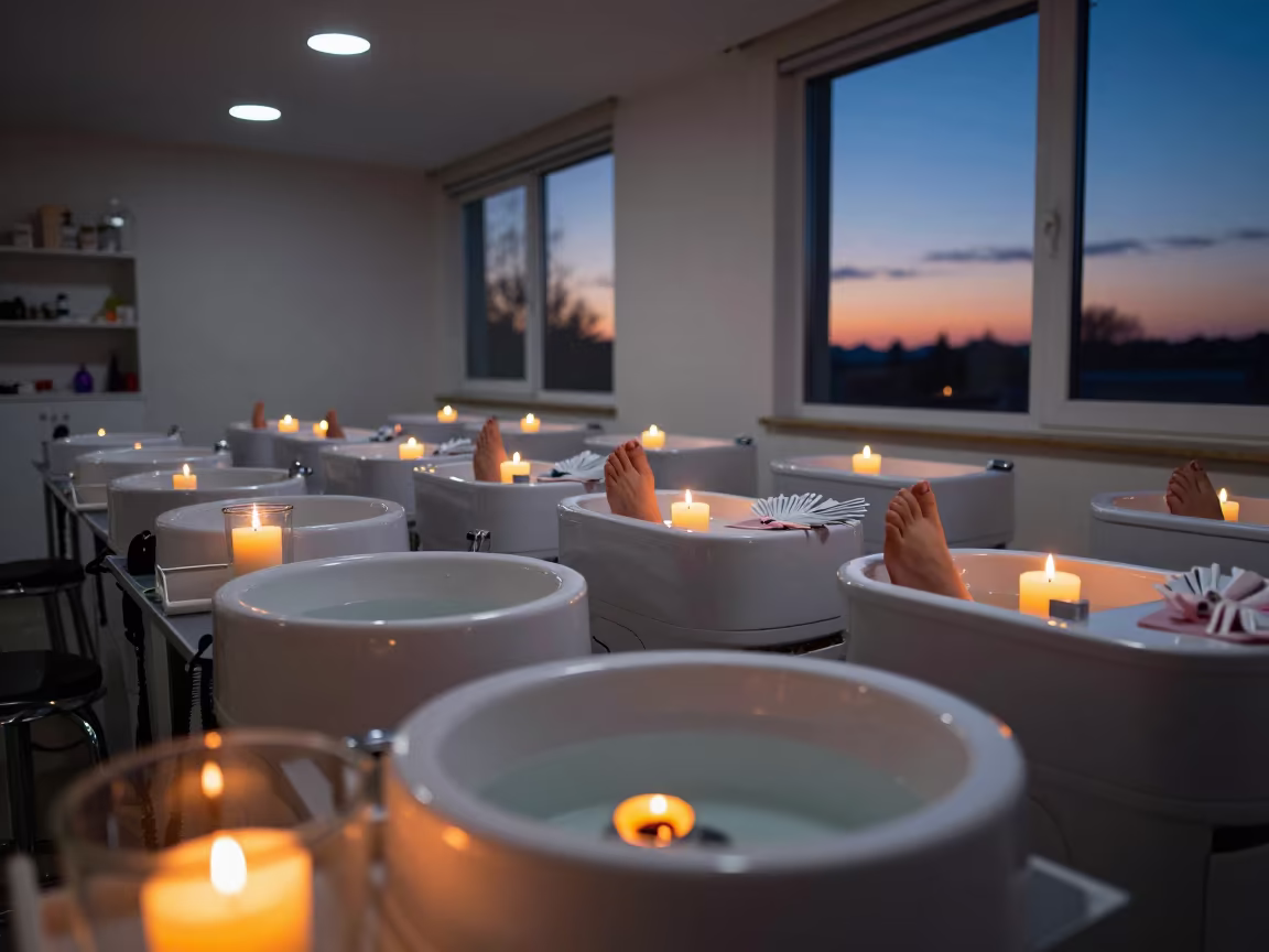 Nail Bar Pedicure Basins Blue Hour Candlelight in inside a salon row in Mary