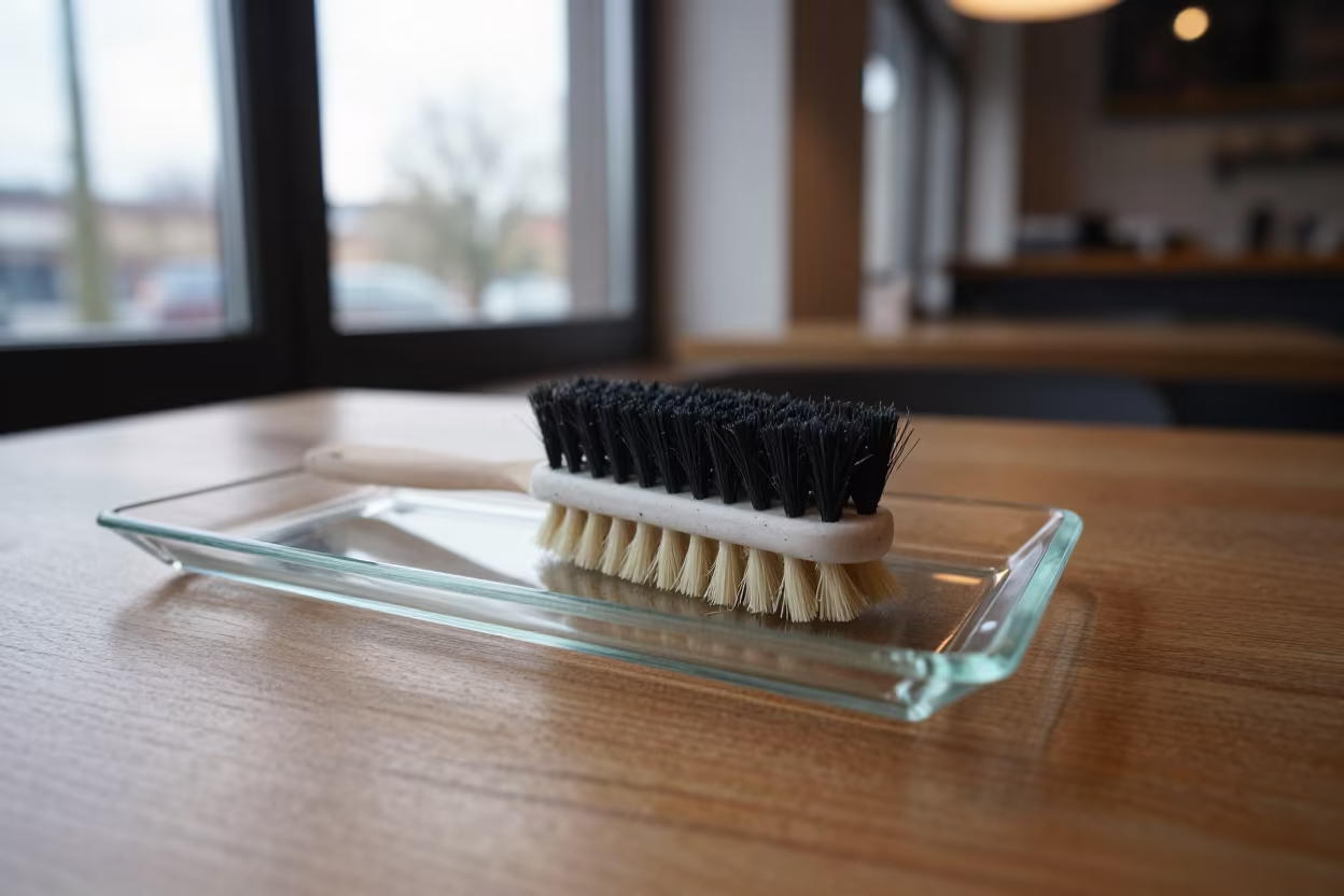 Nail Brush on Glass Tray Parma Morning Light in on a cafe table by a window in Parma