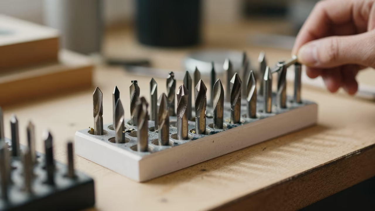 Nail Drill Bit Caddy Under Warm Tungsten Glow in inside a nail studio near Fremantle