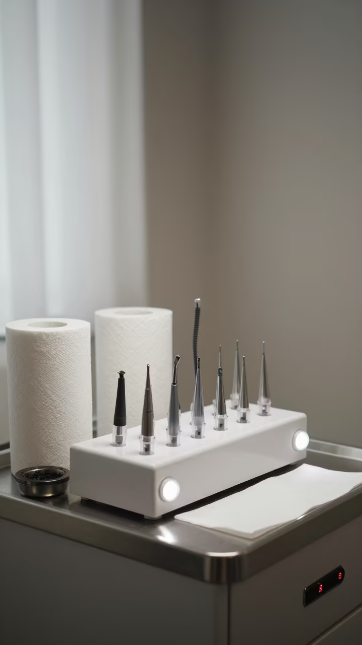 Nail Drill Charging Dock at Barber Station in at a barber station beneath mirror bulbs near Napier