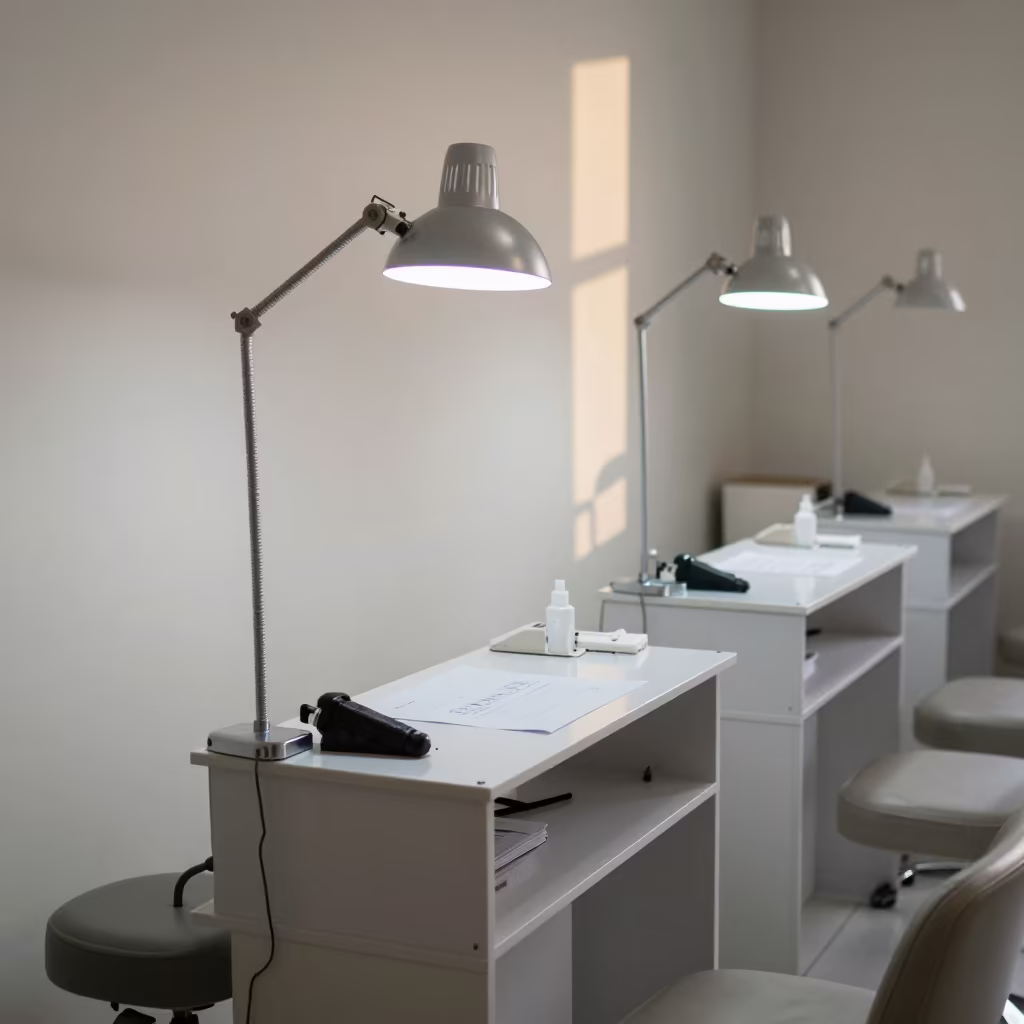 Nail Drill Charging Dock Under Task Light in inside a salon row in Quezon City