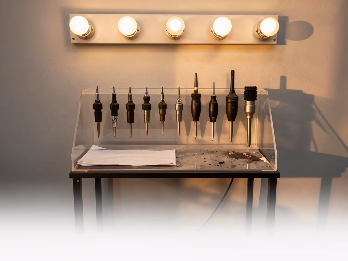 Nail Drill Dock in Autumn Fog in at a barber station beneath mirror bulbs in Minneapolis