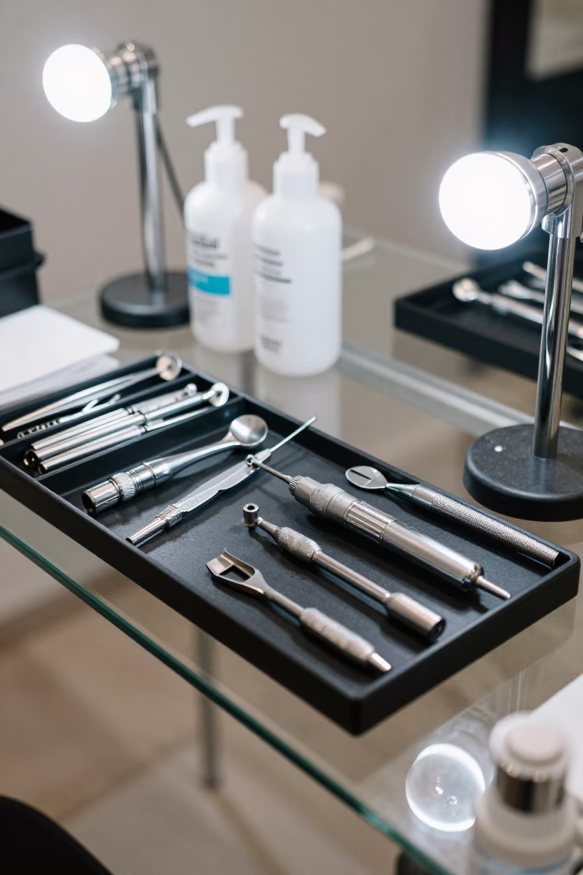 Nail Drill Wrench Tray Maintenance in Xian Salon in at a barber station beneath mirror bulbs in Xian