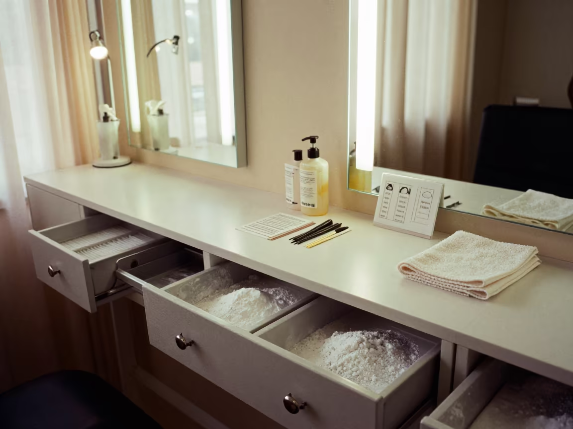 Nail Dust Drawer with Acrylic and Pump Bottles in at a salon reception counter near Arua