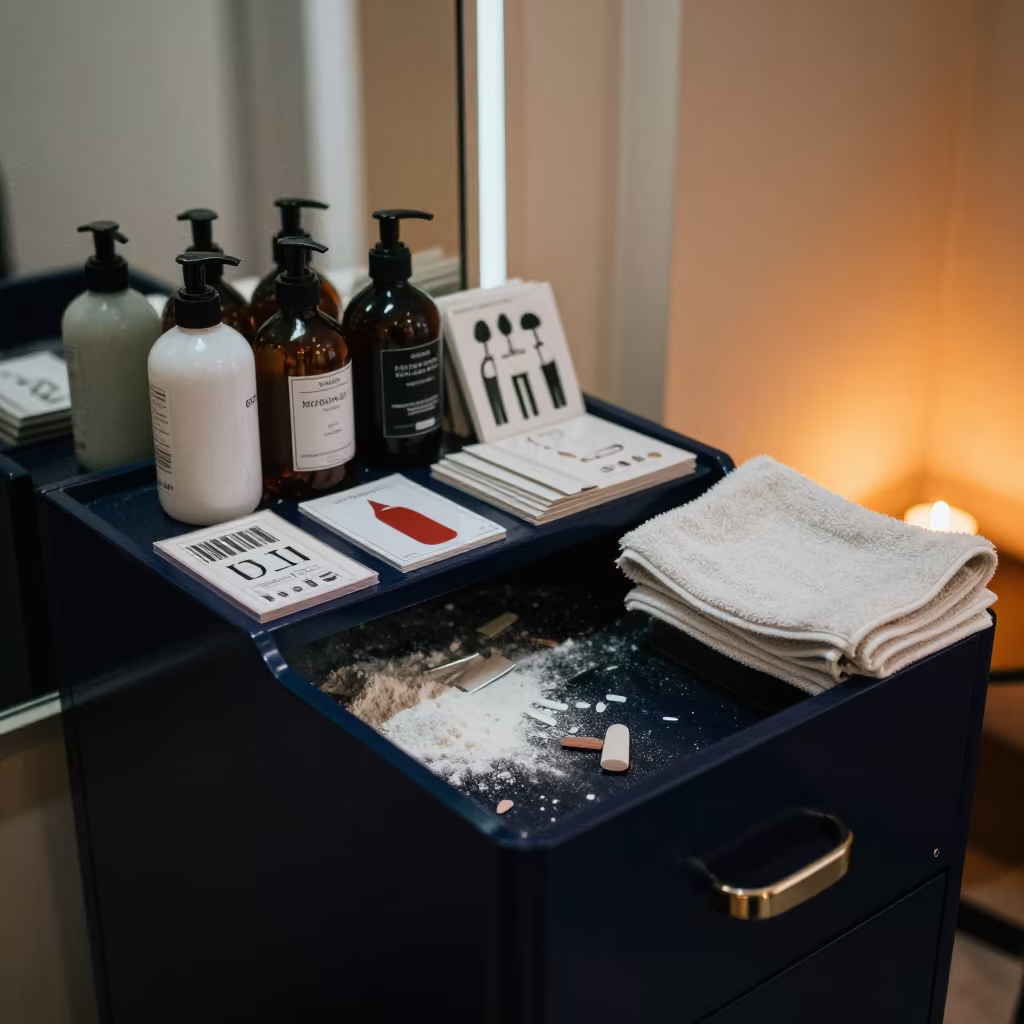 Nail Dust Filter Drawer at Moroccan Barber Station in at a barber station beneath mirror bulbs in Ait Melloul
