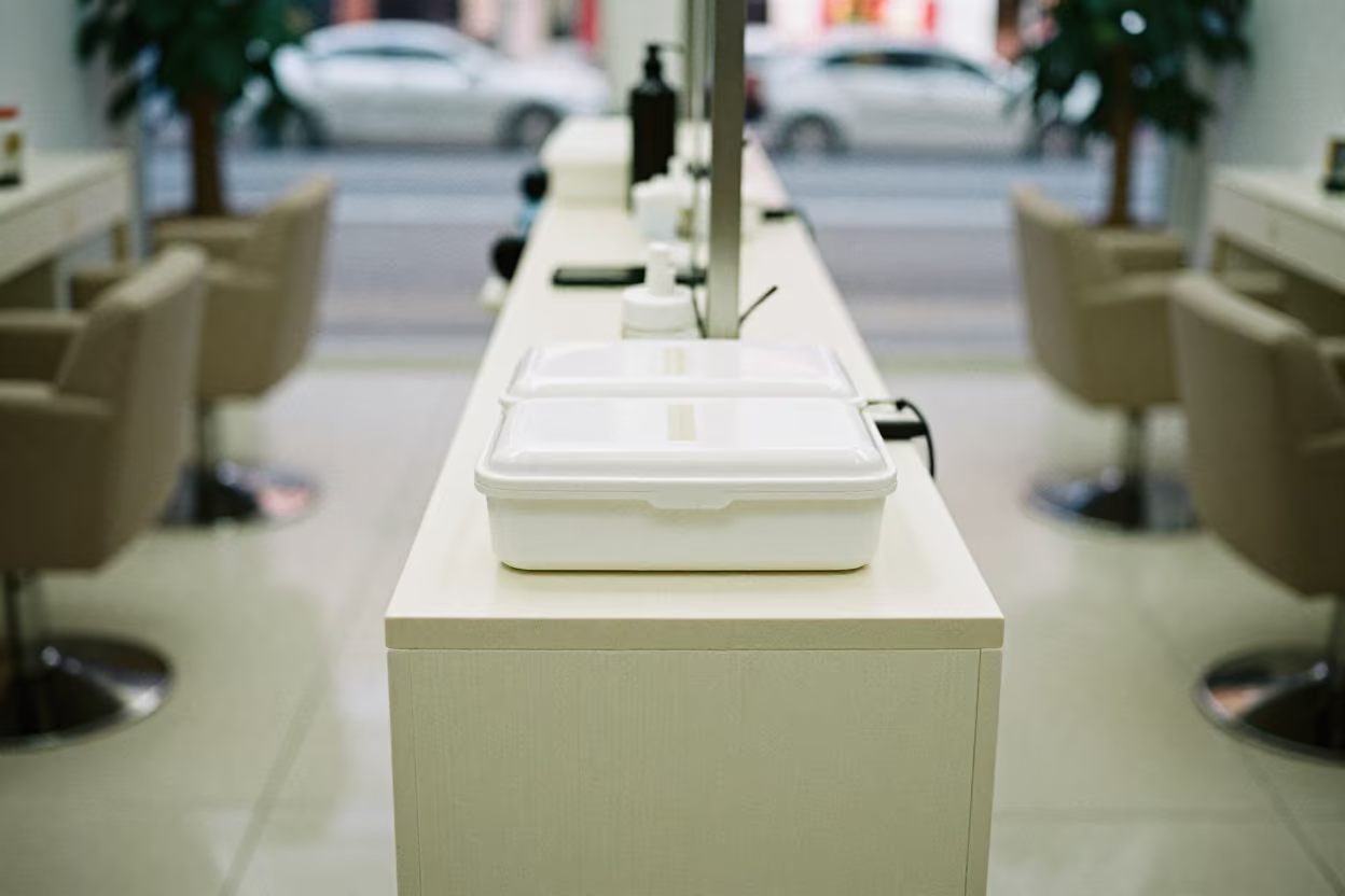 Nail File Sanitizer Box on Shanghai Salon Counter in at a salon reception counter in Nanjing Road, Shanghai