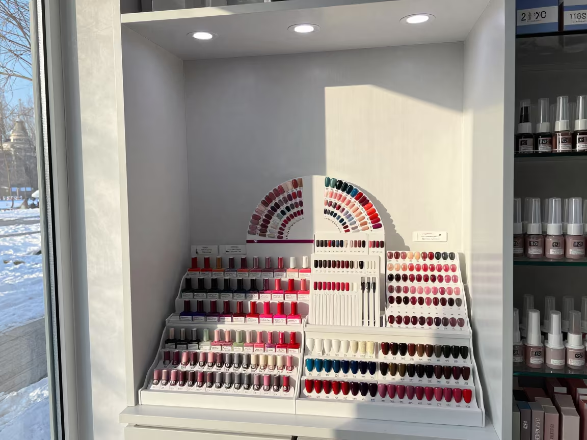 Nail Polish Display with Swatch Wheels in Harbin in in a beauty supply area under white LEDs near Harbin