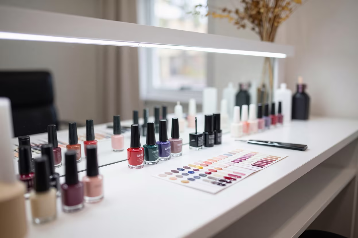 Nail Polish Display with Swatch Wheels Under LED Lights in inside a nail studio in Benguela