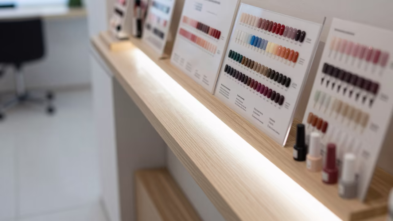 Nail Polish Display With Swatch Wheels Under Dawn Light in inside a nail studio near Swansea
