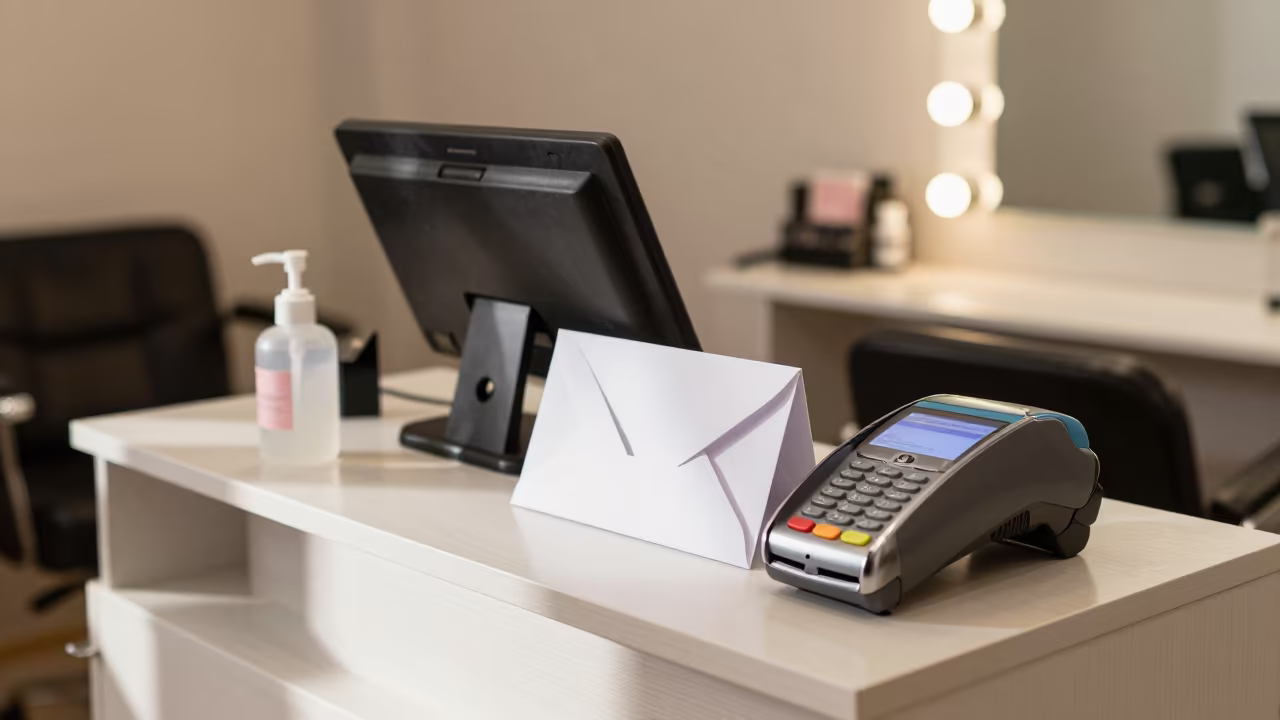 Nail Salon Cash Desk After Rain in Kigoma in at a barber station beneath mirror bulbs in Kigoma