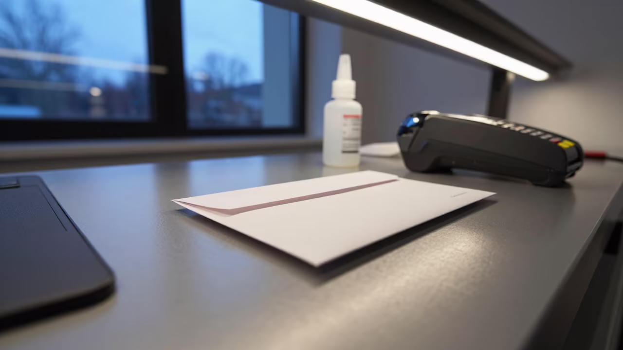 Nail Salon Cash Desk Before Dawn Close-Up in in a beauty supply area under white LEDs near Osh