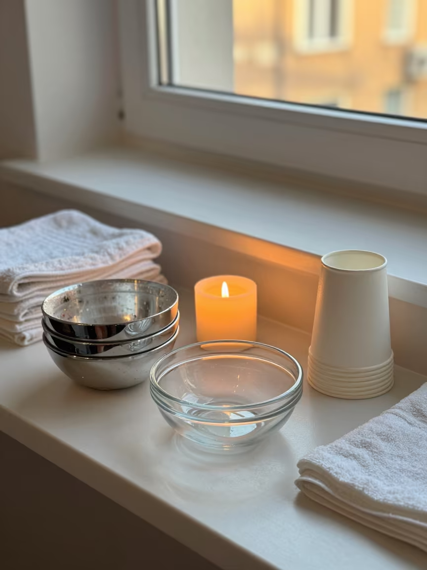 Nail Soak Bowl Stack in Bucharest Skincare Room in inside a skincare treatment room in Bucharest