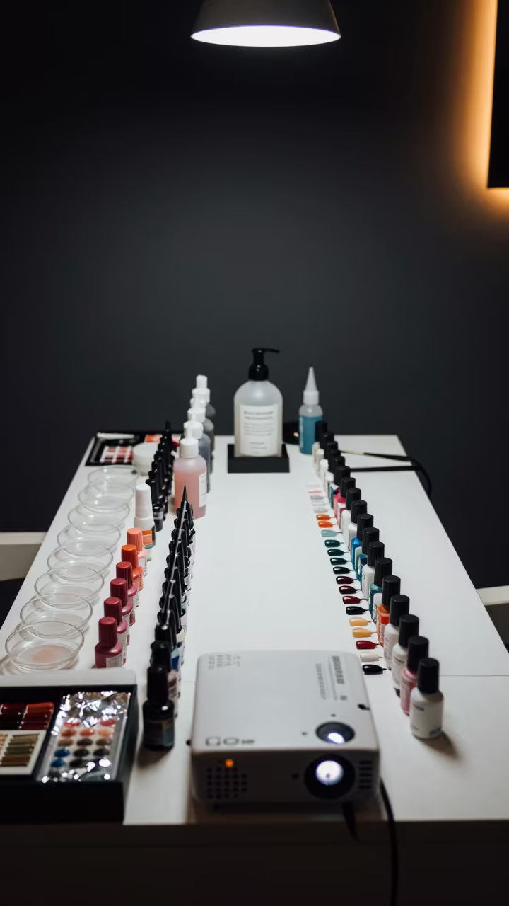 Nail Studio Color Mixing Counter Night in inside a nail studio near Valencia