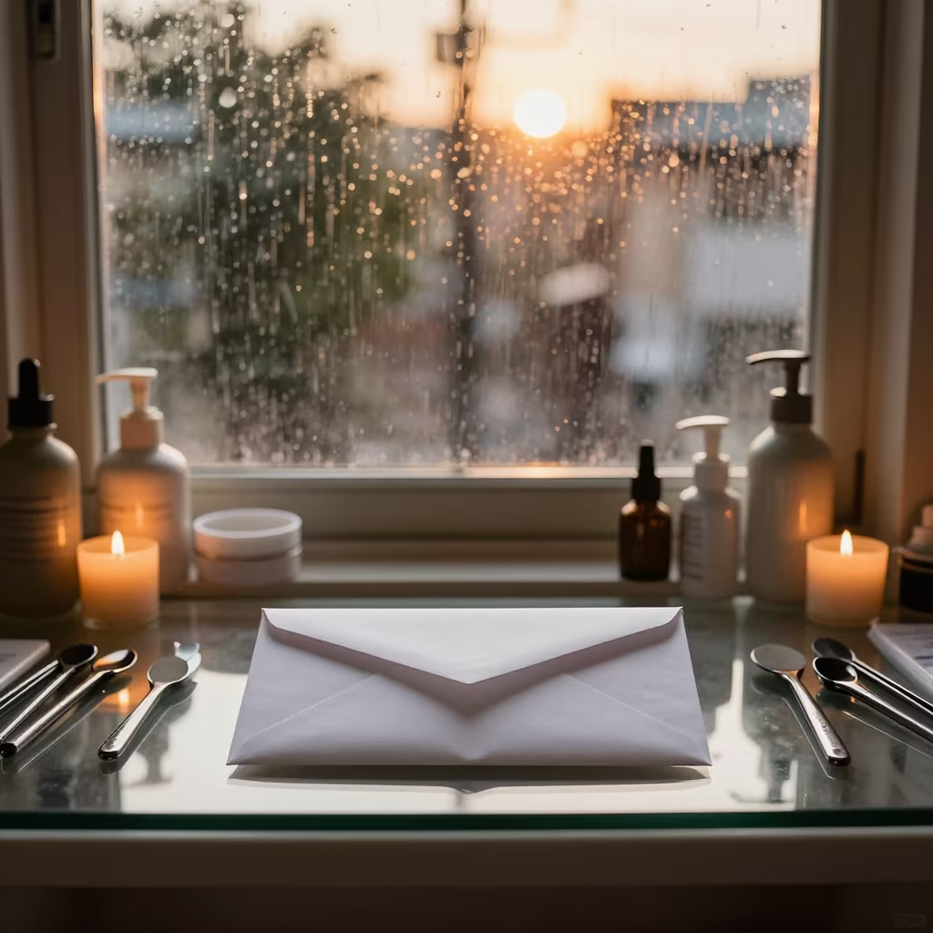 Nail Studio Commission Envelope at Golden Hour in inside a nail studio in Bangalore