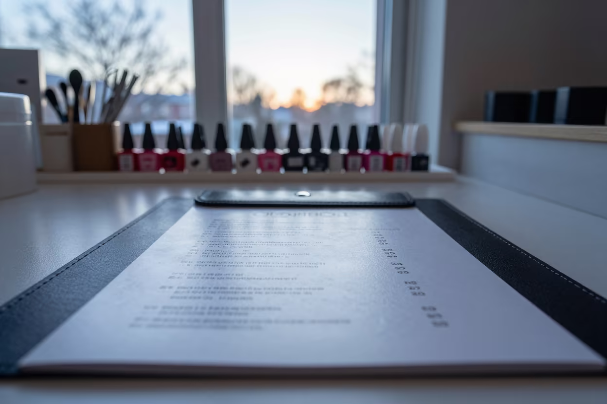 Nail Studio Menu Pouch Morning Light Beijing in inside a nail studio near Dashilar, Beijing
