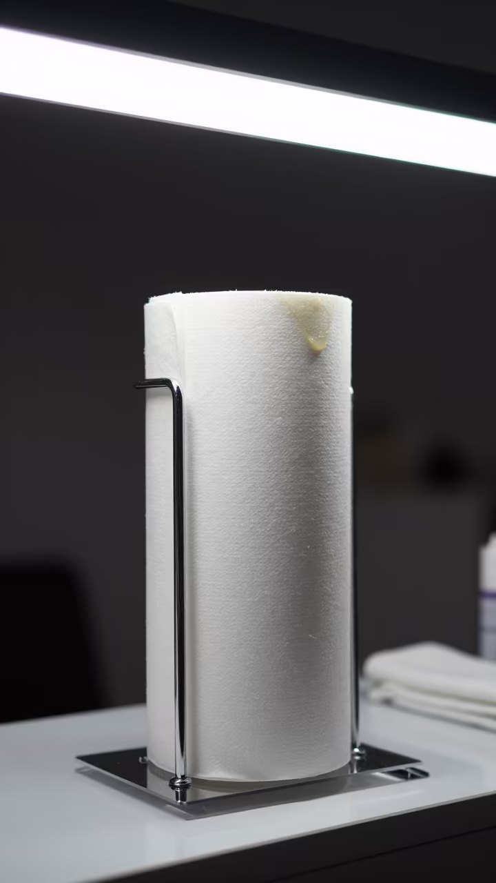 Nail Studio Paper Roll Rack Under Fluorescent Light in inside a nail studio in Bursa