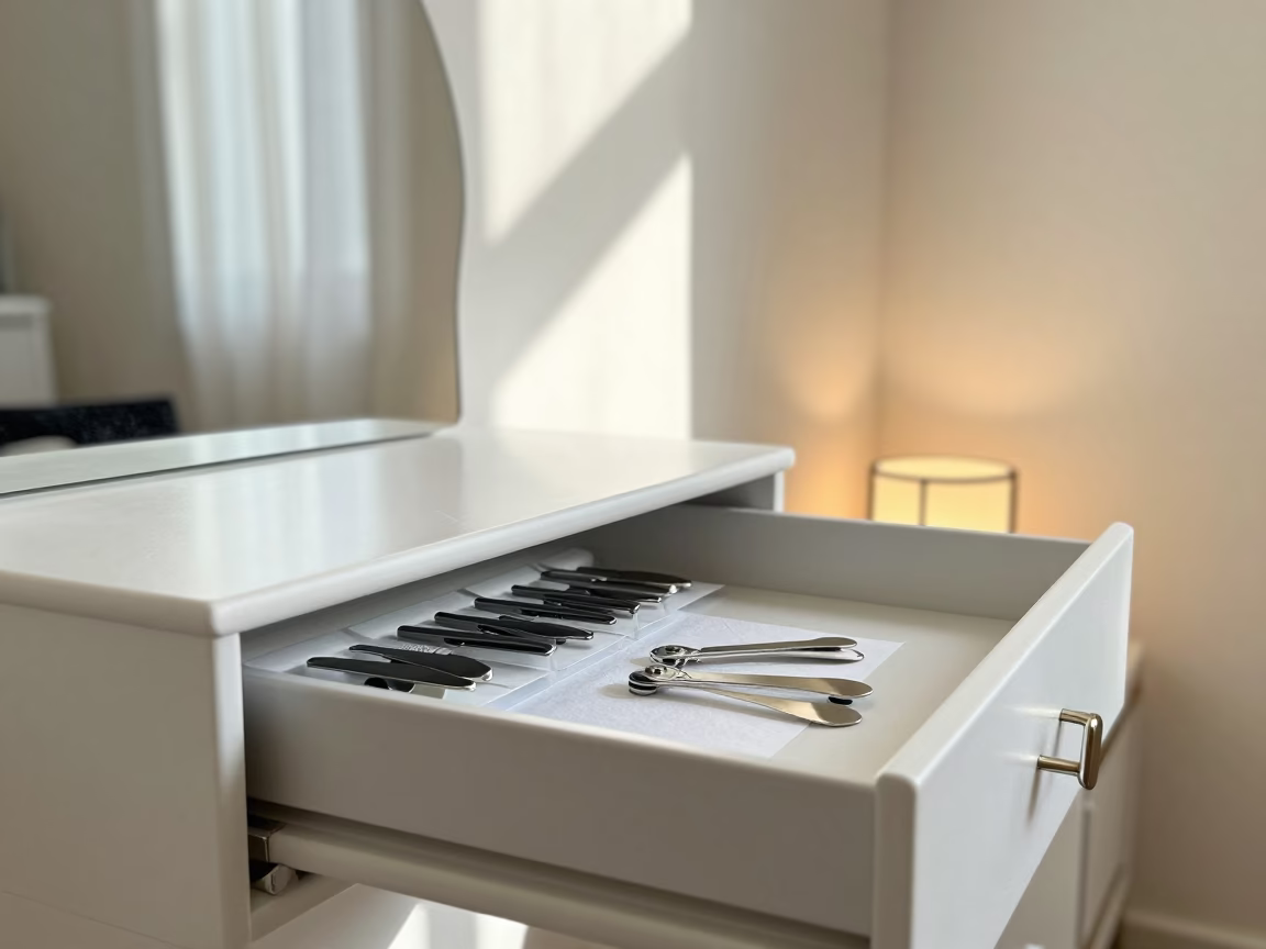 Nail Studio Pedicure Drawer Reflection in inside a nail studio in Chengdu