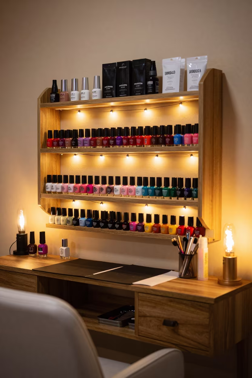 Nail Studio Tint Shelf at Night in inside a nail studio in Singida