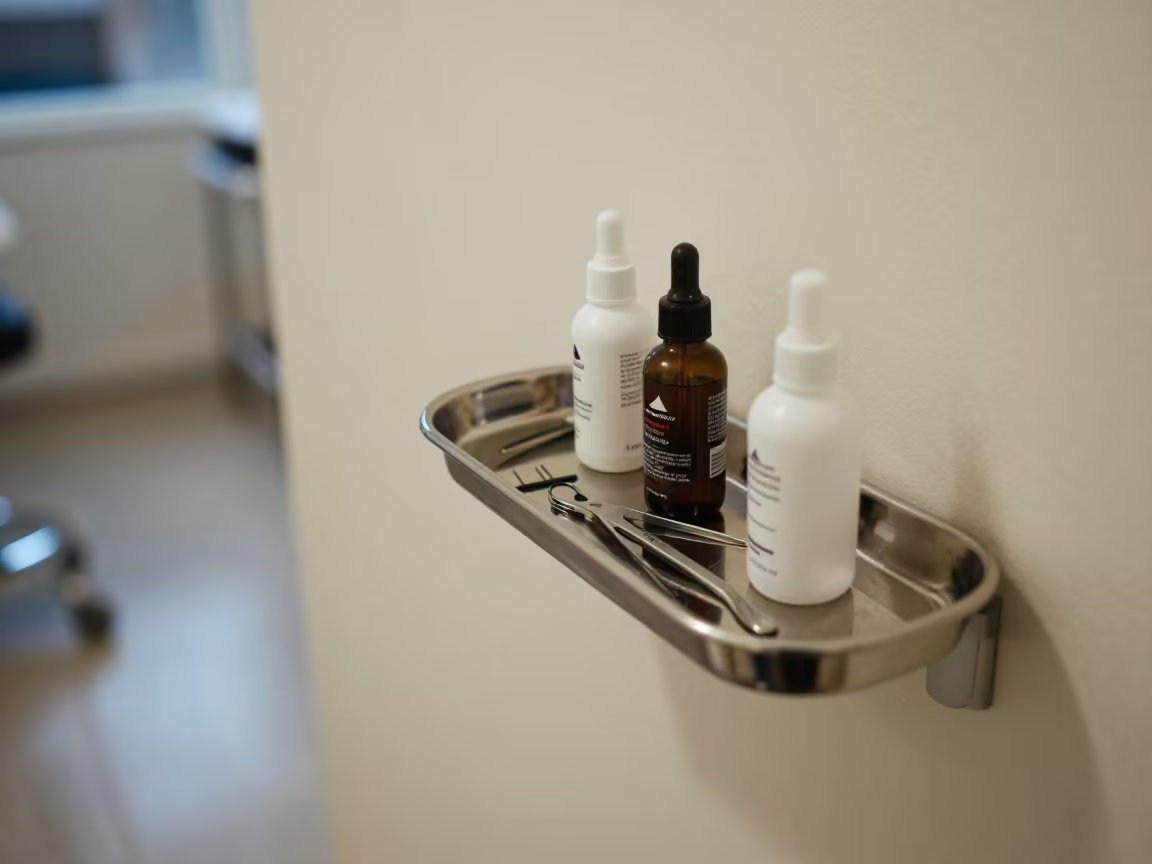 Nail Studio Tools on Stainless Tray in inside a skincare treatment room in Cali