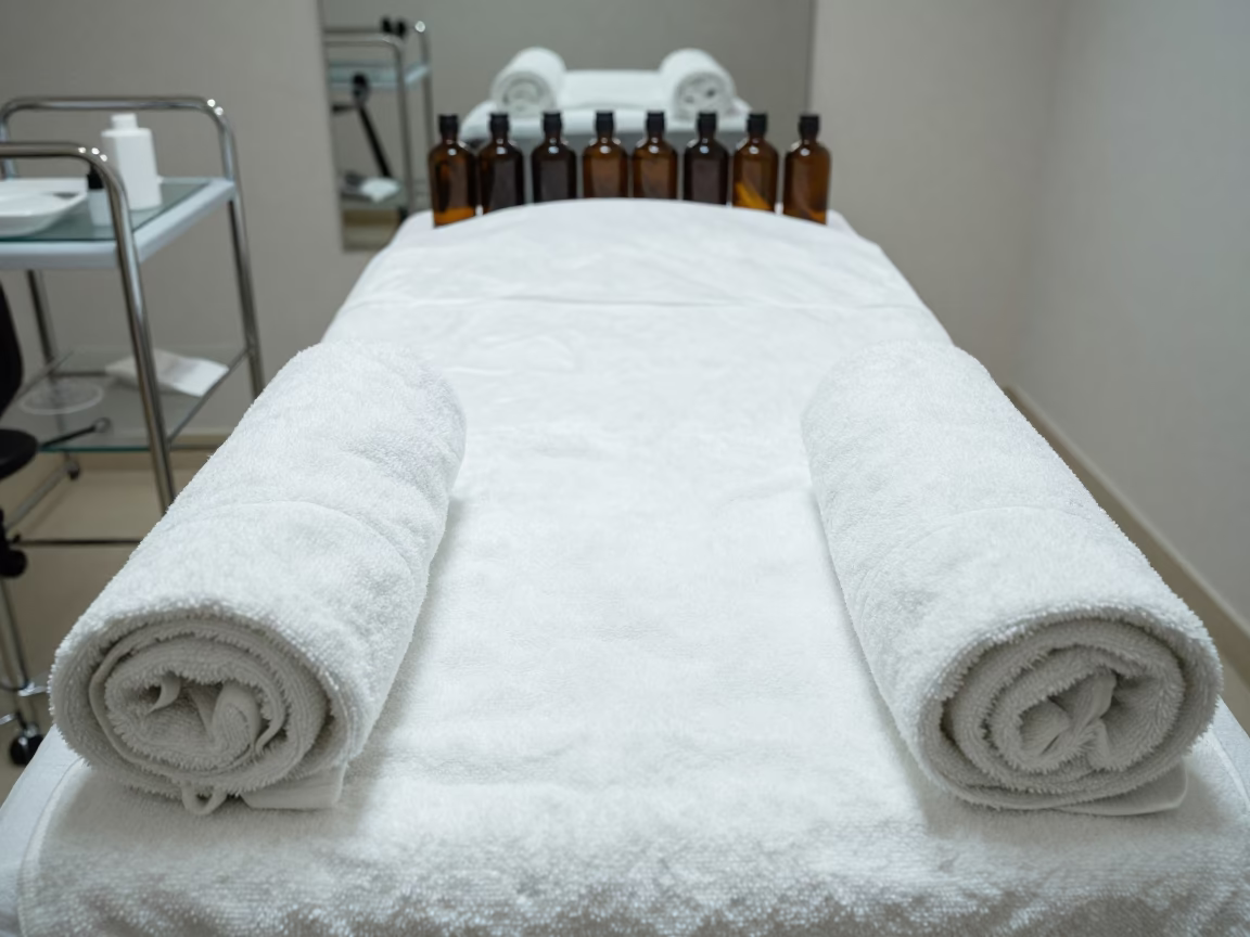 Nail Studio Treatment Bed with Amber Bottles in inside a nail studio near Bissau