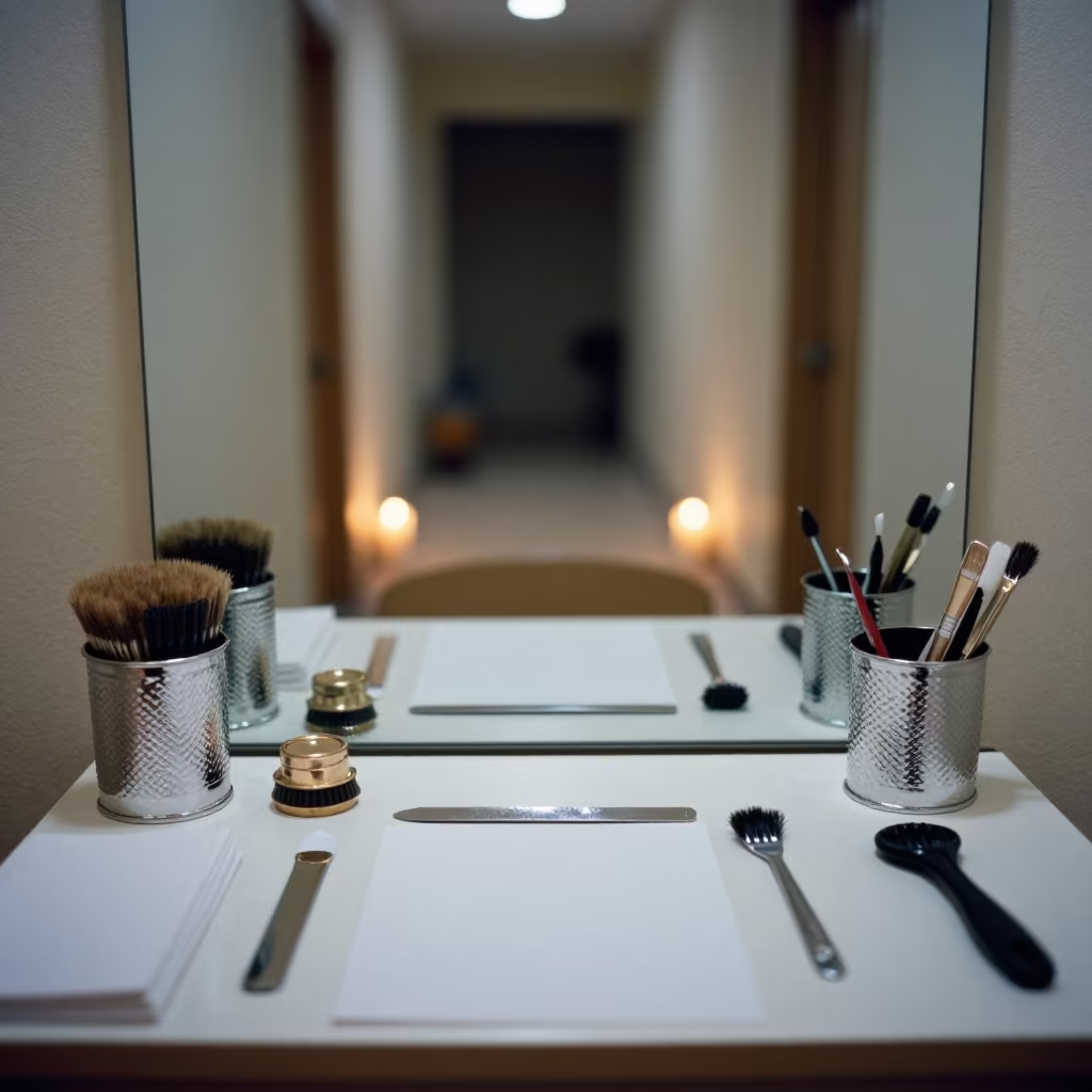 Nail Studio Vanity with Brush and Scraper in Predawn Light in inside a nail studio near Mirpur