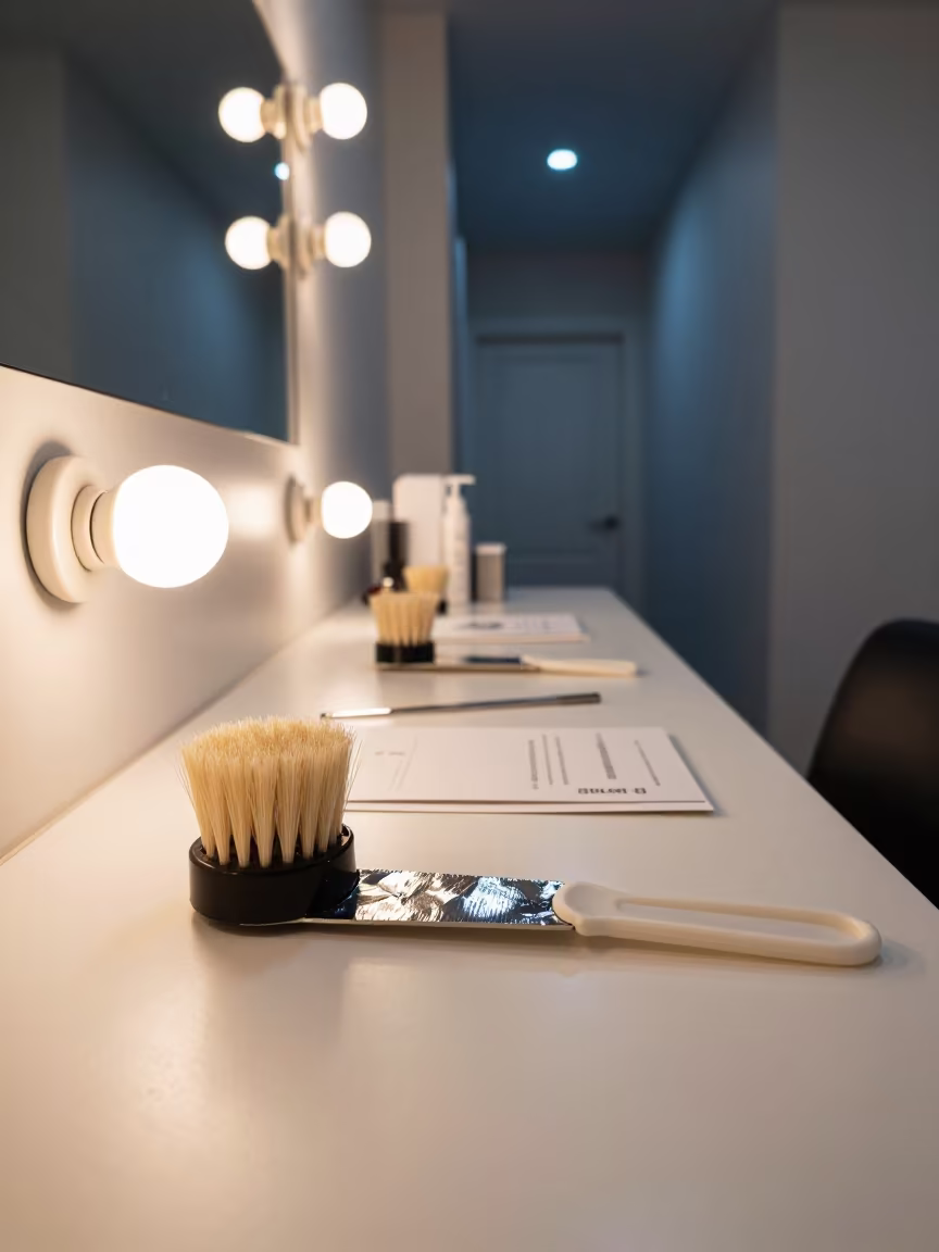 Nail Studio Vanity Tools Under Night Light in inside a nail studio in Aberdeen
